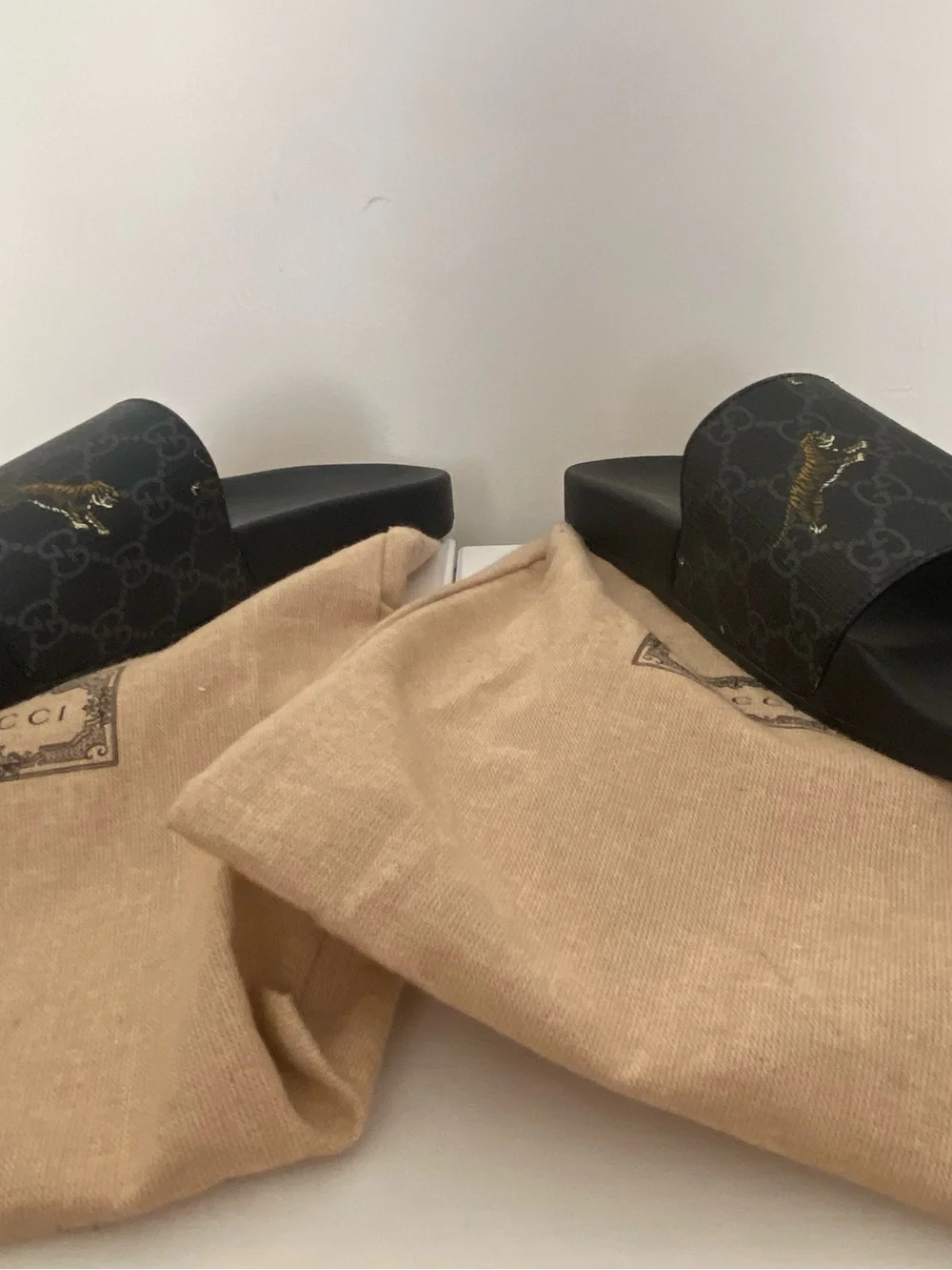 Authentic Gucci Black GG Monogram Men Slide Sandals with Embroidered Gold Tigers